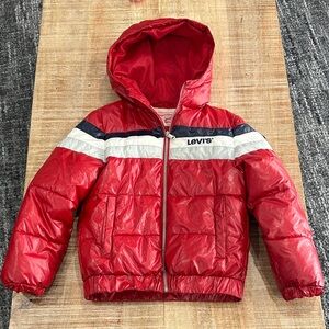 Levi's Red Hooded Puffer Jacket with Stripes